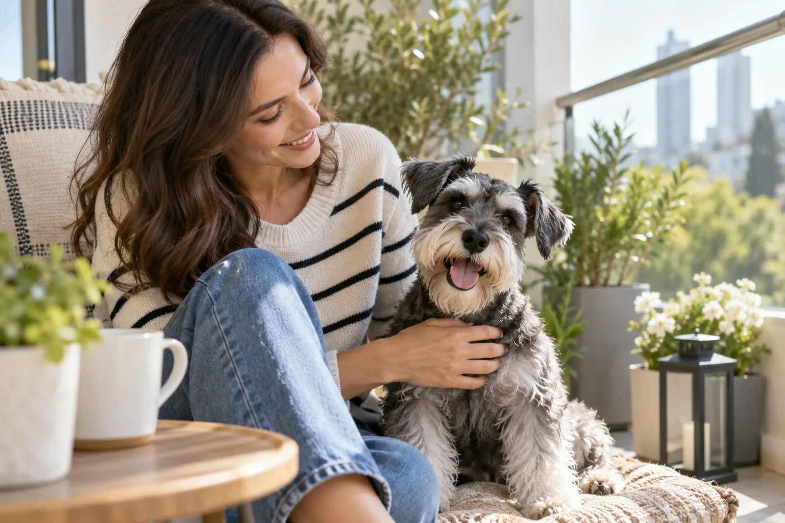 Owner sitting beside a small gray-and-white dog outdoors