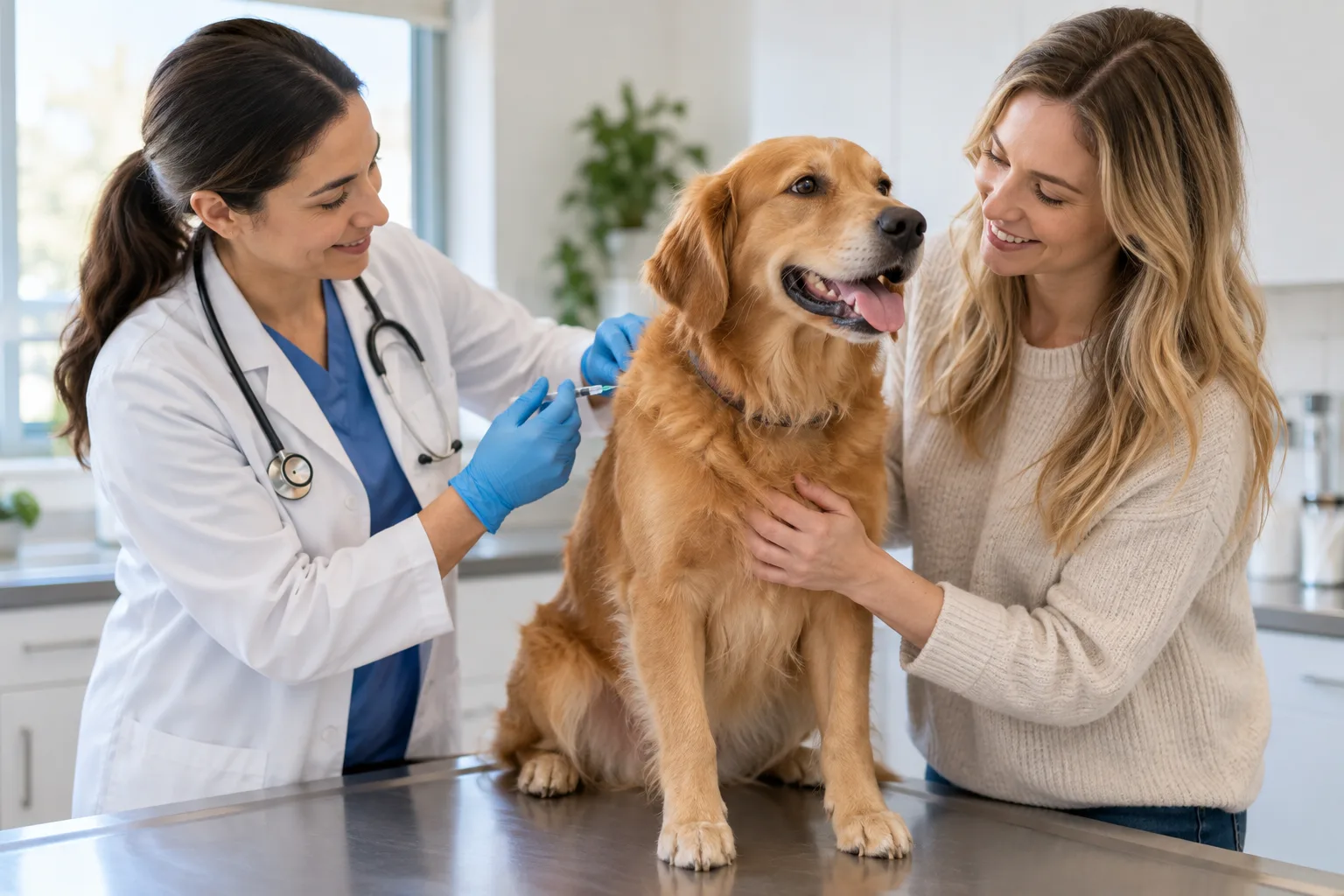 Veterinarian and owner with a golden-colored dog in a clinic